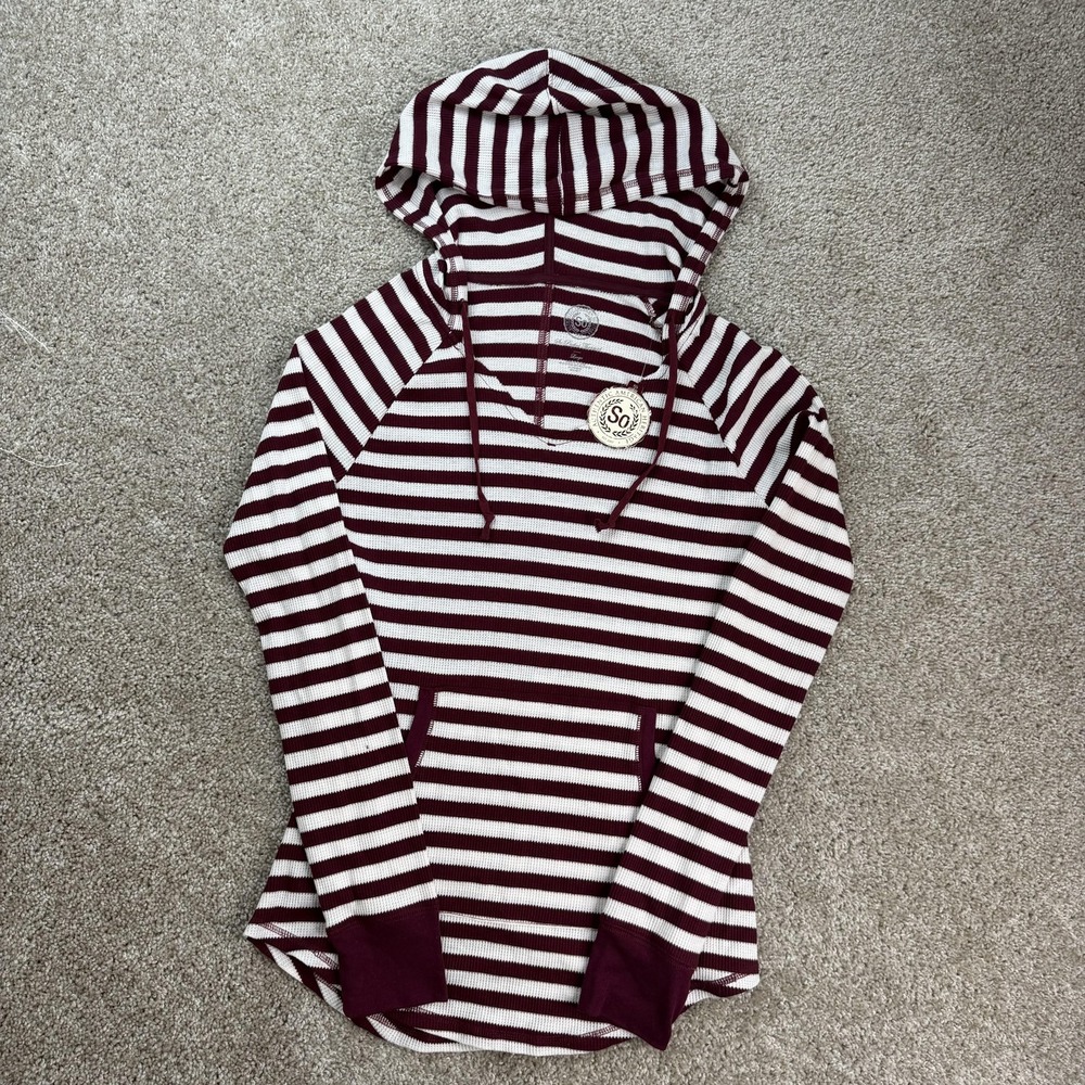 SO Hooded Thermal Shirt Juniors Large Red White Striped Long Sleeve Tunic Top
